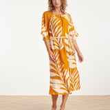 Tuniek Jurk Met Tropische Blad Print In 
Oker Geel | Mustard - Off White