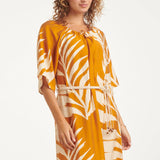 Tuniek Jurk Met Tropische Blad Print In 
Oker Geel | Mustard - Off White