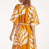 Tuniek Jurk Met Tropische Blad Print In 
Oker Geel | Mustard - Off White