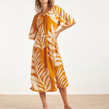 Tuniek Jurk Met Tropische Blad Print In 
Oker Geel | Mustard - Off White