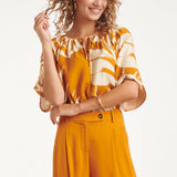 Tuniek Top Met Blad Print En Strikdetail In Oker Geel | Mustard - Off White
