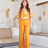 Tuniek Top Met Blad Print En Strikdetail In Oker Geel | Mustard - Off White