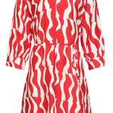 Vestido com Decote V e Estampado Ondulado Vermelho com Cinto | Red - White