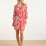 Vestido com Decote V e Estampado Ondulado Vermelho com Cinto | Red - White