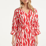 Vestido com Decote V e Estampado Ondulado Vermelho com Cinto | Red - White
