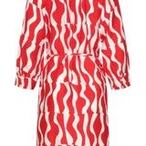 Vestido com Decote V e Estampado Ondulado Vermelho com Cinto | Red - White