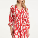 Vestido com Decote V e Estampado Ondulado Vermelho com Cinto | Red - White