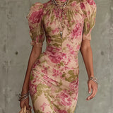 Eugenia Vestido Maxi com Estampado Floral Vintage Rosa e Mangas Bufantes (Acessórios não incluídos)