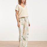 Wide Leg Broek Met Groene En Beige Bladprint | Soft Green - Muticolour