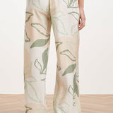 Wide Leg Broek Met Groene En Beige Bladprint | Soft Green - Muticolour