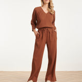 Calças Wide Leg de Musselina com Cordão | Brown