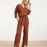 Calças Wide Leg de Musselina com Cordão | Brown