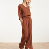 Calças Wide Leg de Musselina com Cordão | Brown