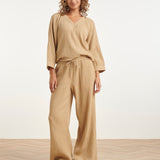 Wide Leg Mousseline Broek Met Strikkoord | Dark Sand