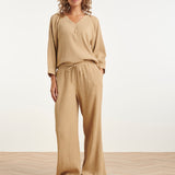 Wide Leg Mousseline Broek Met Strikkoord | Dark Sand