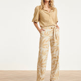 Calças Largas Femininas com Estampado Bege em Tecido Travel | Off White - Dark Sand