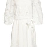 Vestido Branco de Bordado Inglês com Decote V e Cinto | White