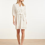 Vestido Branco de Bordado Inglês com Decote V e Cinto | White