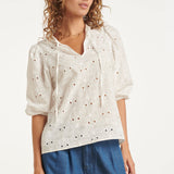 Top Branco de Bordado com Decote V e Mangas Balão | White