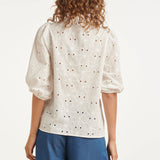 Top Branco de Bordado com Decote V e Mangas Balão | White