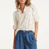 Top Branco de Bordado com Decote V e Mangas Balão | White
