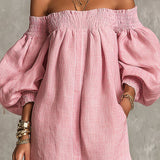 Gisela Vestido Mini Rosa em Linha A com Mangas Balão e Ombros à Mostra