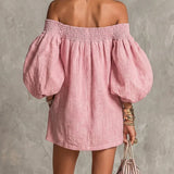 Gisela Vestido Mini Rosa em Linha A com Mangas Balão e Ombros à Mostra