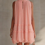 Magdalena Vestido Mini de Chiffon Rosa às Riscas com Decote Halter