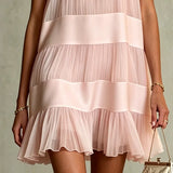 Estrella Vestido Mini de Chiffon Rosa-Claro Plissado com Design de Camadas e Patchwork