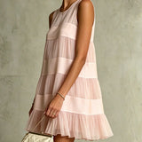 Estrella Vestido Mini de Chiffon Rosa-Claro Plissado com Design de Camadas e Patchwork