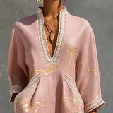 Calista Vestido Mini Rosa de Renda com Decote em V