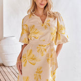 Vestido de Verão com Flores Bordadas a Amarelo e Cinto | Sand - Yellow