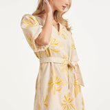 Vestido de Verão com Flores Bordadas a Amarelo e Cinto | Sand - Yellow