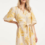 Vestido de Verão com Flores Bordadas a Amarelo e Cinto | Sand - Yellow