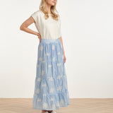 Saia Maxi Flutuante com Estampado Bordado e Folhos | Light Blue