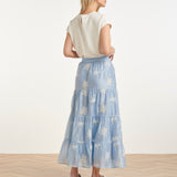 Saia Maxi Flutuante com Estampado Bordado e Folhos | Light Blue