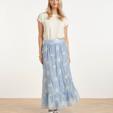 Saia Maxi Flutuante com Estampado Bordado e Folhos | Light Blue