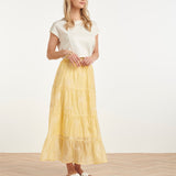 Saia Maxi Flutuante com Estampado Bordado e Folhos | Light Yellow