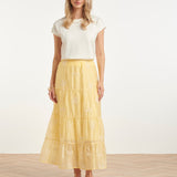 Saia Maxi Flutuante com Estampado Bordado e Folhos | Light Yellow
