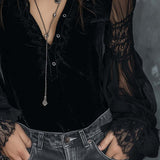 Blusa Vintage em Veludo de Poliéster com Gola Henley, Mangas Transparentes e Aplicação de Renda