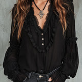 Blusa Vintage Preta de Folhos com Mangas Compridas e Renda