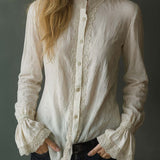 Blusa Retro de Renda com Punhos Franzidos