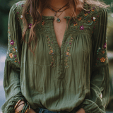Camisa de Algodão Verde-Oliva com Bordado Floral Boho