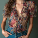 Blusa Vintage Transparente Florida com Folhos e Mangas Bufantes