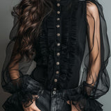 Blusa Vintage Preta em Organza Transparente com Gola Alta e Debrum de Folho