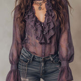 Blusa de Chiffon Vintage com Estampado Paisley e Colarinho de Folhos