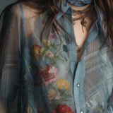 Blusa Boho Vintage Transparente com Botões e Estampado Floral