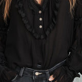Blusa Vintage Preta de Folhos com Mangas Compridas e Renda