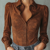 Blusa Retro de Camurça Ecológica com Estampado Paisley e Mangas Compridas