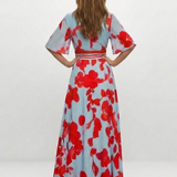 Corinne | Vestido Maxi Floral com Decote em V e Manga Curta